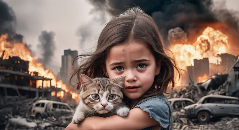 AI-bild där en flicka står med en kattunge i famnen,. Bakom syns en stad som ser bombad ut, med stora eldsvådor och skelett av byggnader.