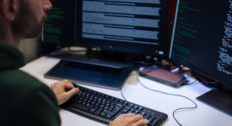 En person sitter framför en dator.