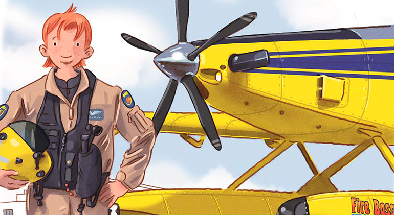Tecknad bild från insidan boken.  Karaktären Halvan står framför sitt gula flygplan med en gul hjälm under armen.