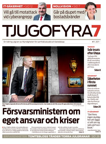 Omslag Tjugofyra7. Text: "Försvarsministern om eget ansvar och kriser".