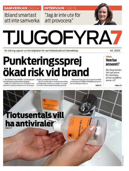 Omslag Tjugofyra7. Text: "Punkteringssprej ökad risk vid brand".