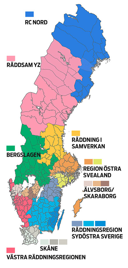 Karta över räddningstjänster organiseras i större ledningssystem.